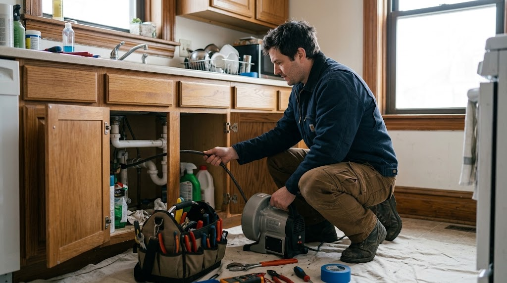 Technician operating commercial motorized drain cleaning auger in a Parkchester residential building