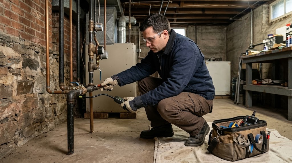 Technician conducting safety pressure testing and inspection on residential gas piping in Parkchester Bronx