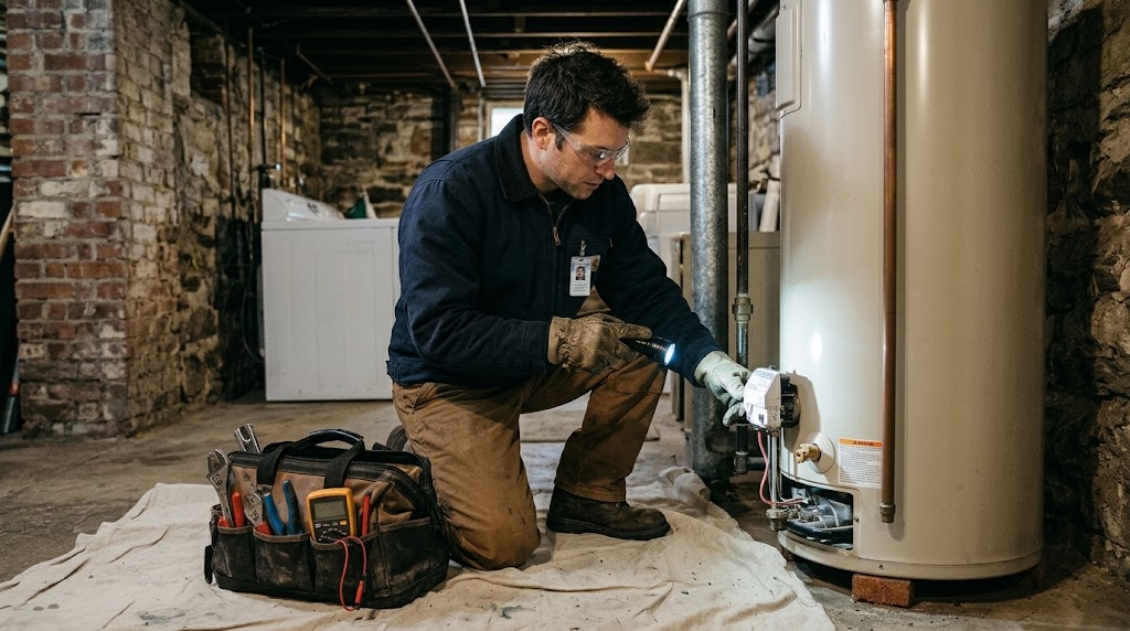 Technician inspecting temperature and pressure relief valve on a residential water heater in Parkchester Bronx